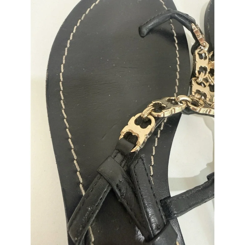 Tory Burch Gemini Black Leather Gold Chain T Link Strap Sandals Size 6.5